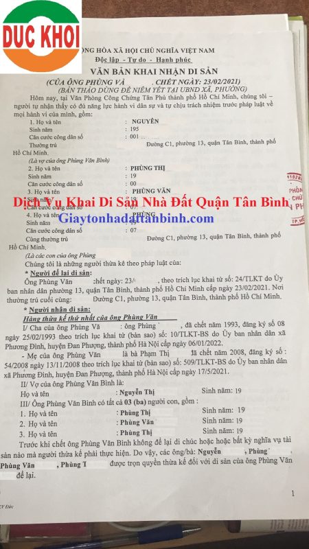 Dịch Vụ Khai Nhận Di Sản Thừa Kế Nhà Đất Quận Tân Bình